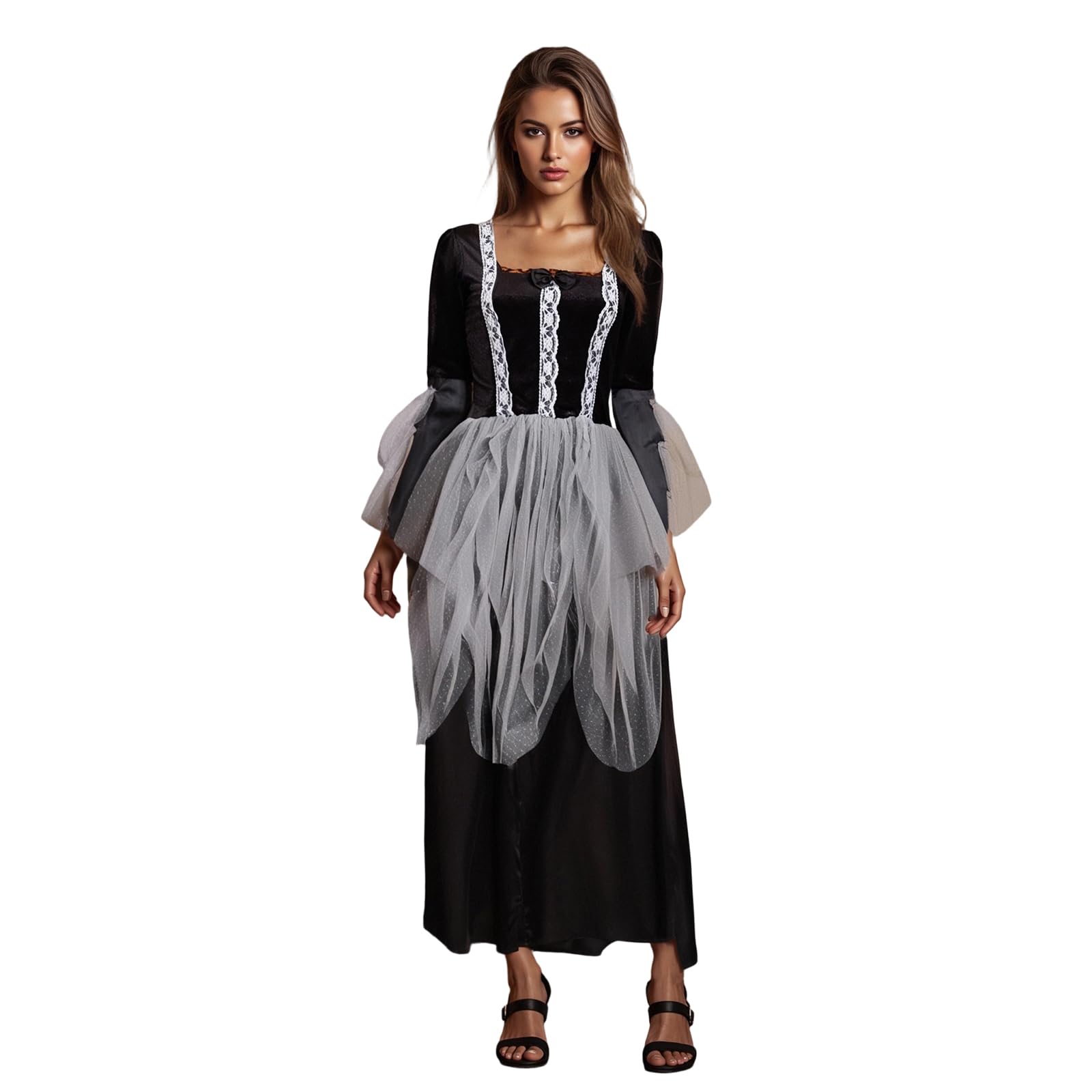 ESSECMBS Womens Halloween Vampire Dress Retro Gothic Long Sleeve Lace Patchwork Dress Cosplay Dress (Black, S)