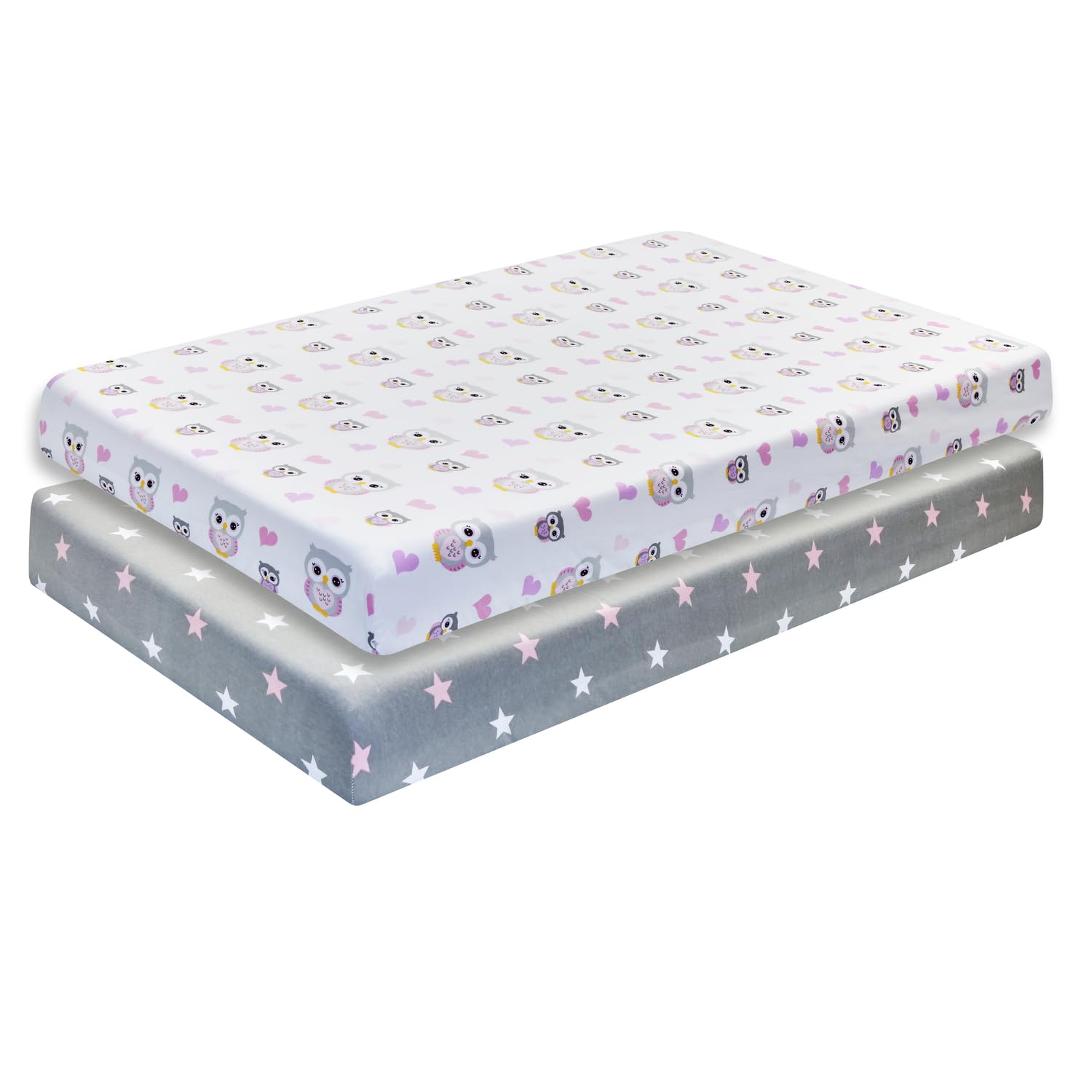 Paquete de 2 sábanas bajeras para cuna para niñas en 100% algodón de punto jersey – Sábanas de colchón de cuna para niña con un tema natural de búhos con corazones morados y rosas y una sábana gris