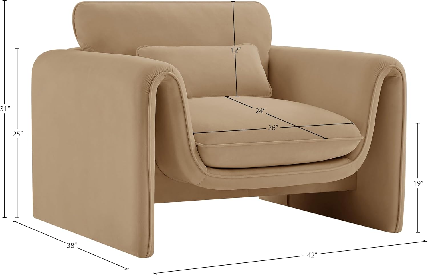 Meridian Furniture 199Camel-C Sloan Collection Modern | Contemporary Velvet Upholstered Chair with Soft Camel Velvet Fabric, Curved Arms, 42" W x 38" D x 31" H, Camel