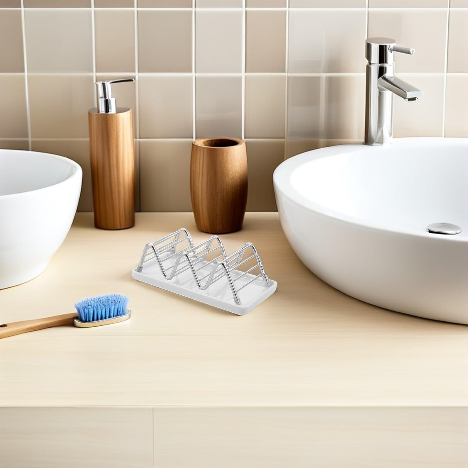 Portasaponi in Acciaio Inox con Piatto in Ceramica Vassoio di Drenaggio Forma di W per Bagno e Cucina Dimensioni Base Antiscivolo