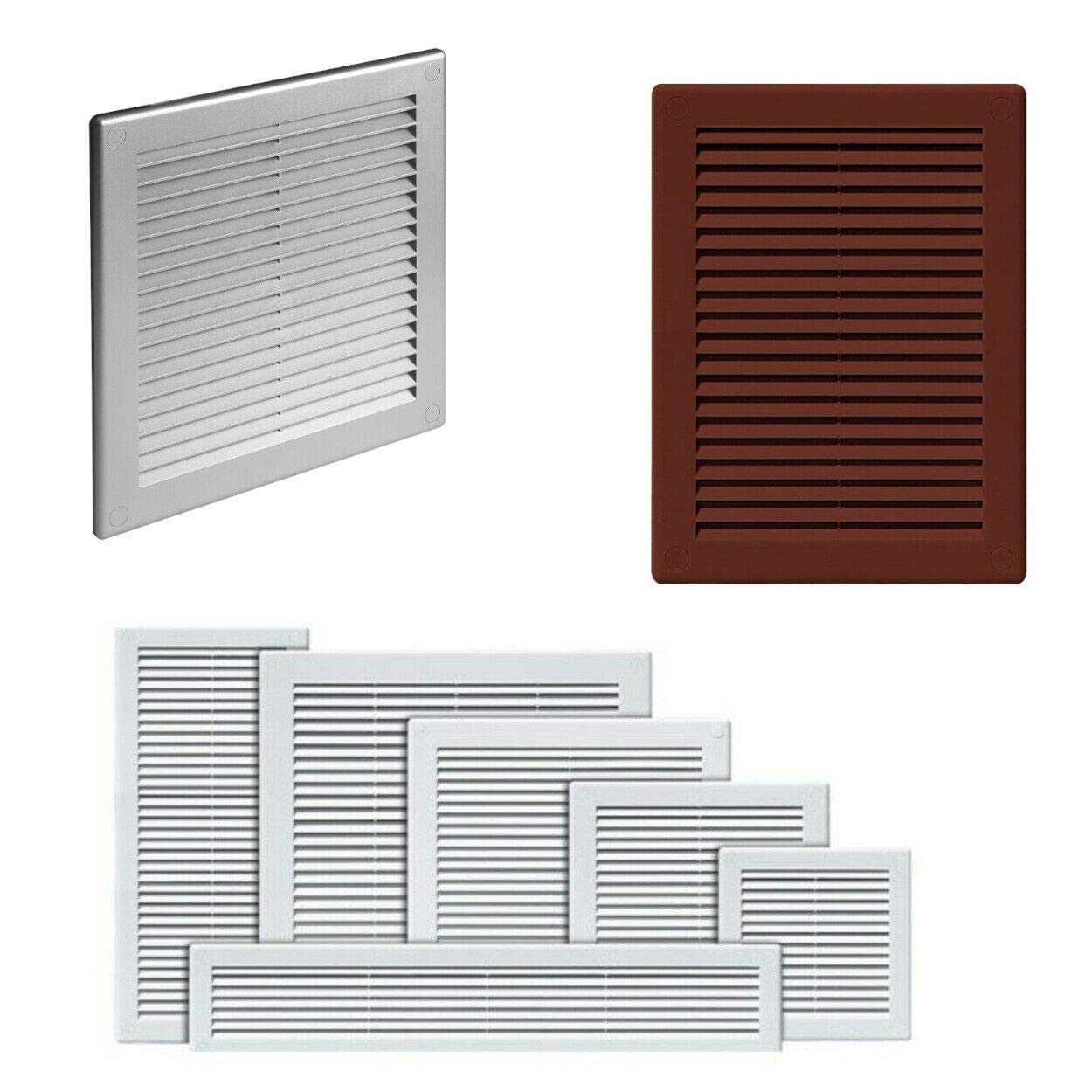 200 x 250 mm Silver Air Vent Grille Covers with Fly Screen/Anti-Insect Mesh and Screw Caps