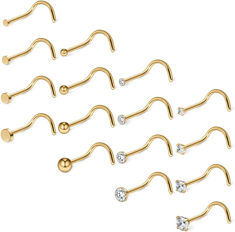 Ruifan 20G 18G Surgical Steel 1.5mm-3mm Flat Ball Clear Diamond CZ Nose Stud Rings Screw Piercing Jewelry 16-26PCS