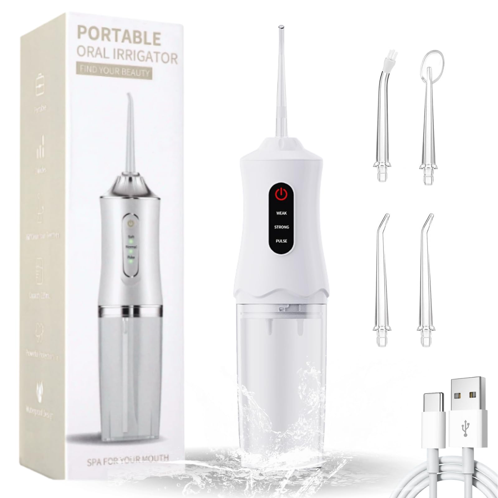 Irrigador Dental Portatil Bucal, Water Flosser, Impermeable Irrigador-Dental, Recargable Irrigadores Dentales, Limpiador Dientes Agua Presion 4 Boquillas 1 Cable de Carga-Blanco