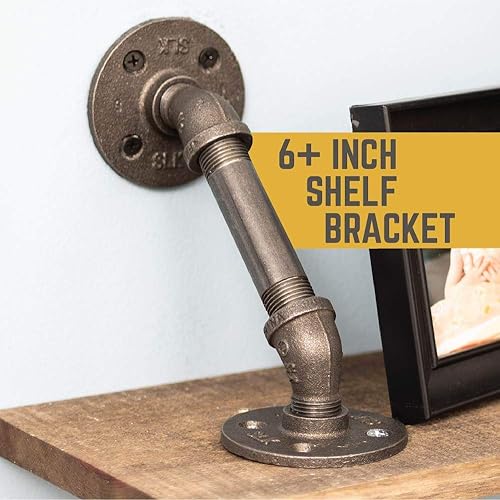 Miniatura 7 de Soportes de estante angulares industriales rústicos  Juego de cuatro soportes de doble brida de tubo de 4 pulgadas, accesorios de metal de hierro