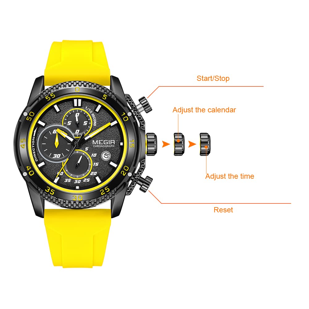 MEGIR Orologio sportivo da uomo, analogico, al quarzo, luminoso, con elegante cinturino in silicone, idea regalo, Giallo, Design elegante