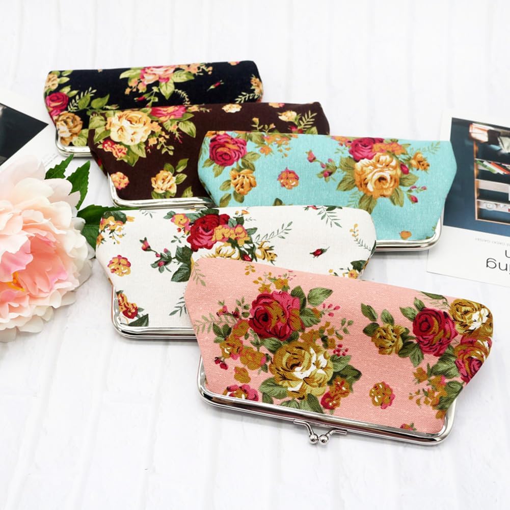4 Pcs Canvas Floral Coin Purses Women Girl Gift Bag with Clasp Kiss Lock Clasp Change Pouch Mini Flower Coin Wallet Vintage Trinkets Pouch