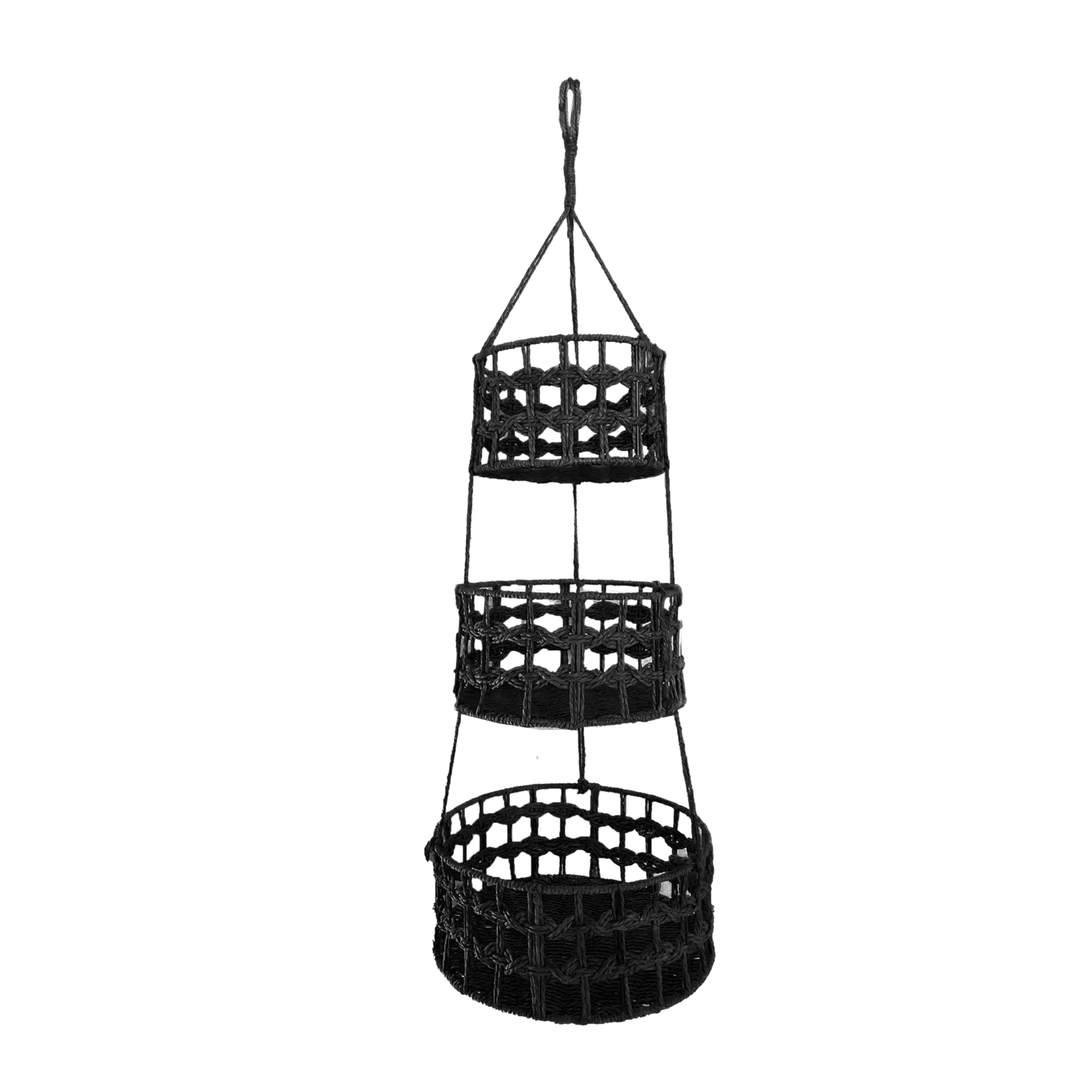 Maxona 1 Pack 3 Tier Black Color Hanging Basket- 3 Pcs Different Size Pape Rope Hanging Storage Basket Suitable for Plant and Kitchen, Hanging Planter Fruit Vegetable Holder Hanger, Indoor Boho Décor
