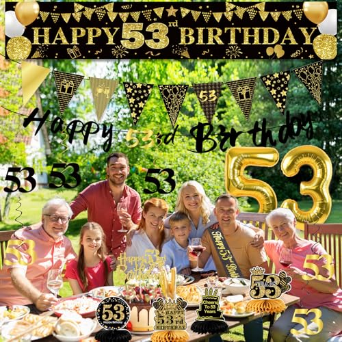 Image of 53rd Birthday Decorations for Men, Black Gold 53rd Party Decoration Kits | 27pcs Happy 53rd Birthday Set, Banner, Honeycomb, Balloons, Gold Number, Candle, Hanging Swirls, Cake Topper, Party Supplies