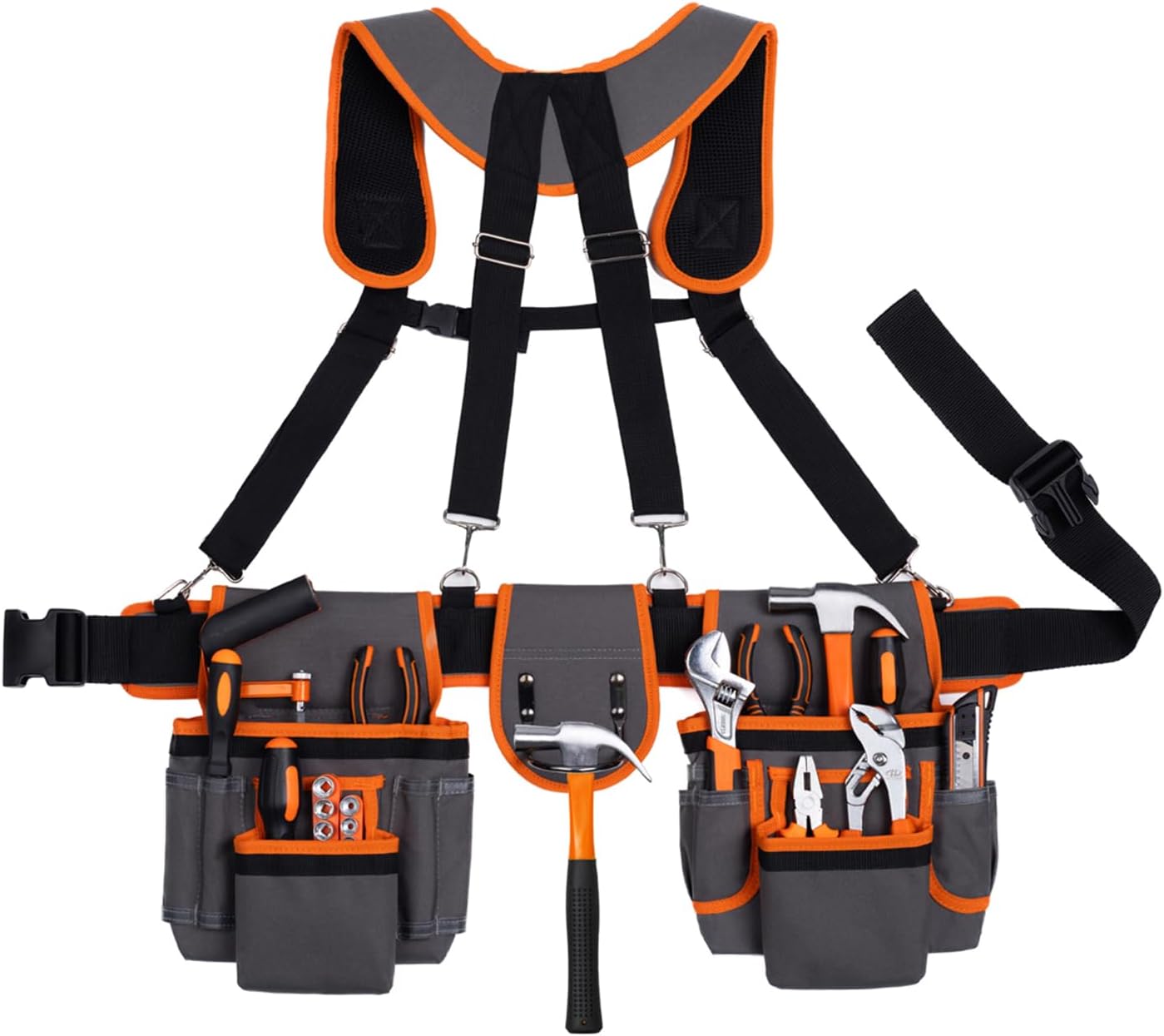 JFX Tool Belt with Suspenders, Professional Tool Belts for Men, Heavy Duty Detachable Adjustable Utility Belt Work Bags for Electricians, Carpenters, Construction Workers and Gardeners (32''-66'')