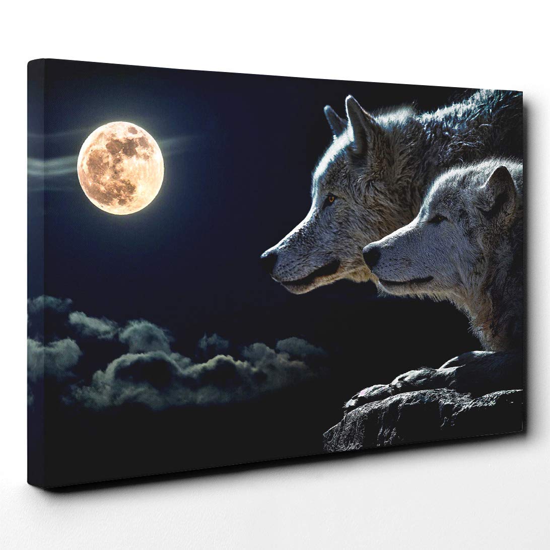 Wolf Wolves and Moon Canvas Print | Gallery Wrapped 30mm Frame Wall Art | 24x16 inches | Ready to Hang | Contemporary Space Picture | Living Room Bedroom Lounge Office