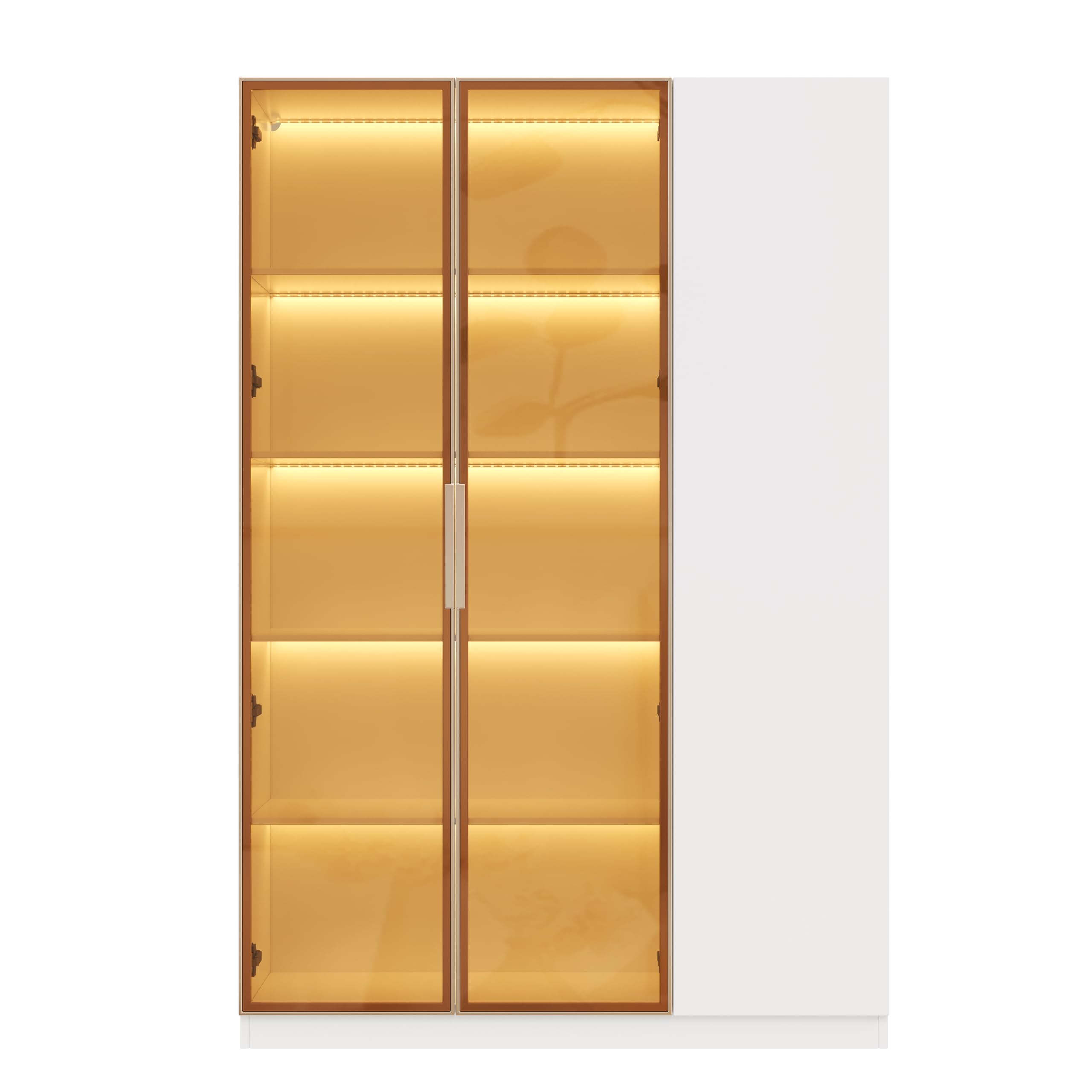Vitrina de cristal de 165 cm, armario alto, 3 puertas con iluminación LED, multicolor, ajustable, con cristal de seguridad, estantes ajustables y protección antivuelco