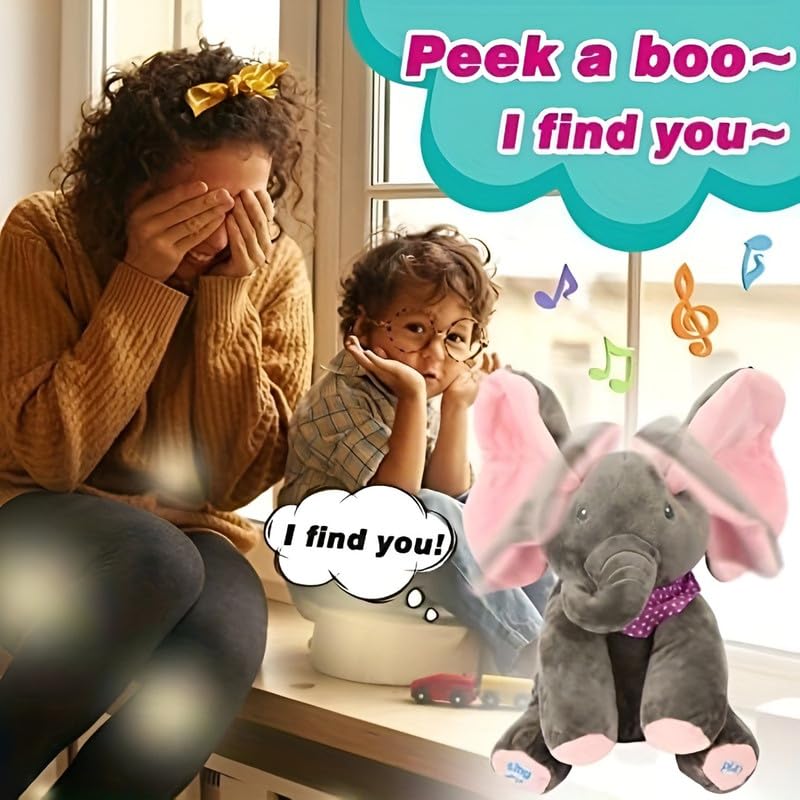 Image of Musical Peek A Boo Elephant Plush Toy with Moving Ears, Interactive Soft Stuffed Animal for Babies, Toddlers & Kids, Cute Nursery Birthday Gift