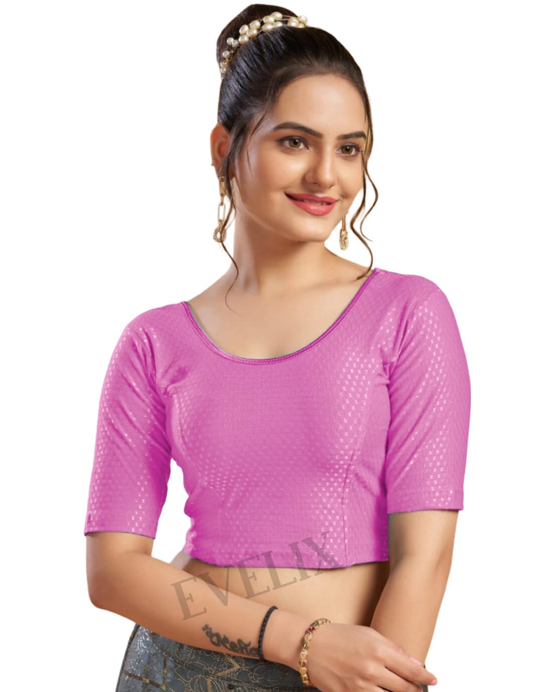 evelix Ethnic Designer Blouse for Women - Cotton Lycra, Stretchable, Readymade - Stylish Round Neck Blouse for Saree, Choli, and Lehenga - Pull On Design-picture-34