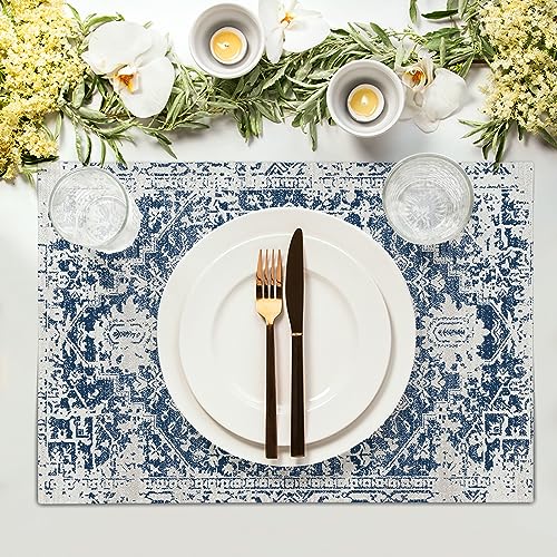 Image of Navy Blue Gray Boho Placemats Set of 4 Ethnic Bohemian Carpet Place Mats Washable Kitchen Dining Vintage Grey Geography Floral Linen Table Mats Stain Heat-Resistant for Home Party Indoor 12x18 in
