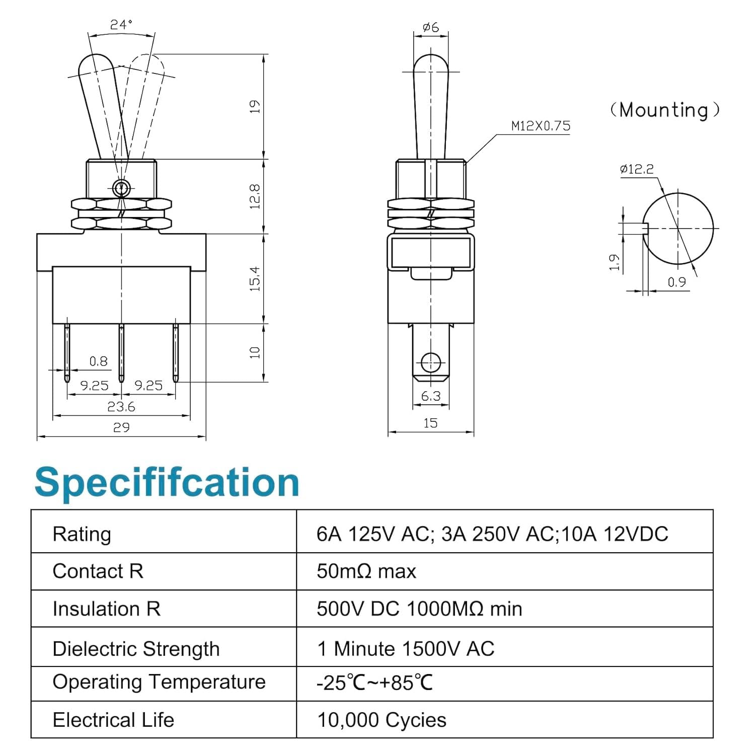 Interruptor de palanca SPST ON/OFF/ON 3 pin, 1 Unidad - imagen 6