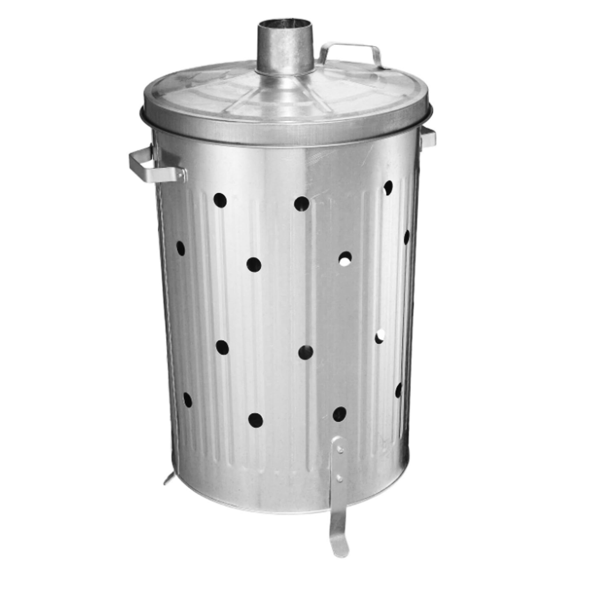 Poubelle de jardin 75 litres pour feuilles, déchets et résidus. Cylindrique. Avec couvercle, poignées et pieds. Acier galvanisé. Utilisez-le comme composteur pour les engrais organiques ou les cendres