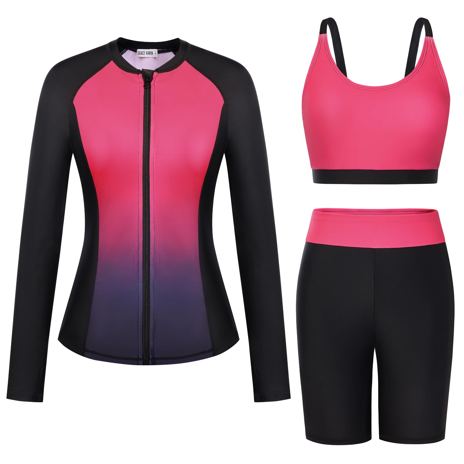GRACE KARIN Badpak voor dames, 3-delig, lange mouwen, met ritssluiting, elegante tankini set met jas, surfkleding, L