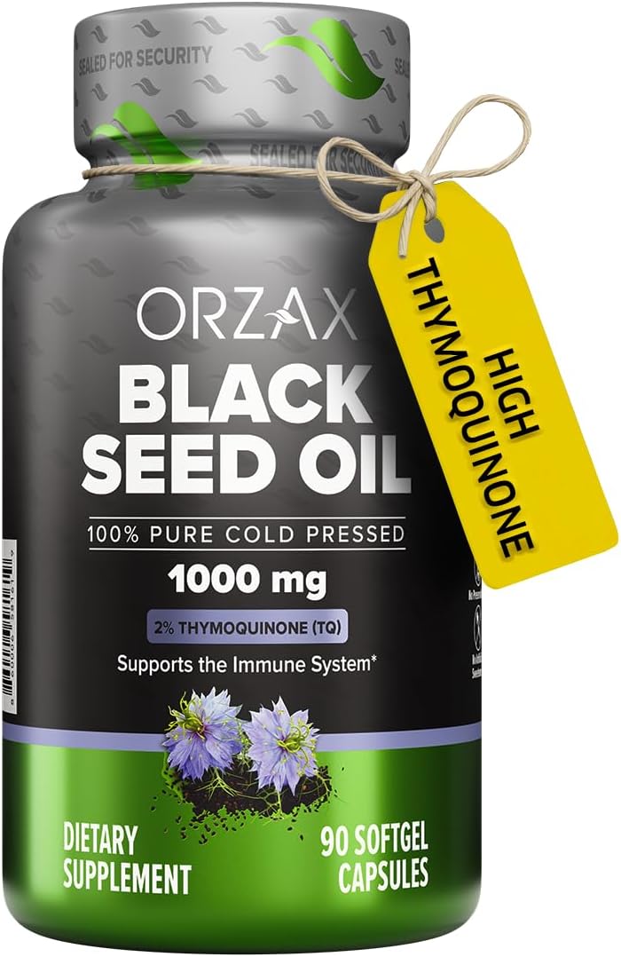 ORZAX Black Seed Oil Cold Pressed 100% Pure | Non-GMO - Rich in Omega 3 6 9 & Thymoquinone | Black Cumin Nigella Sativa Oil for Immune Support, Hair, Skin, Face (1000 mg - 90 Softgel Capsules)