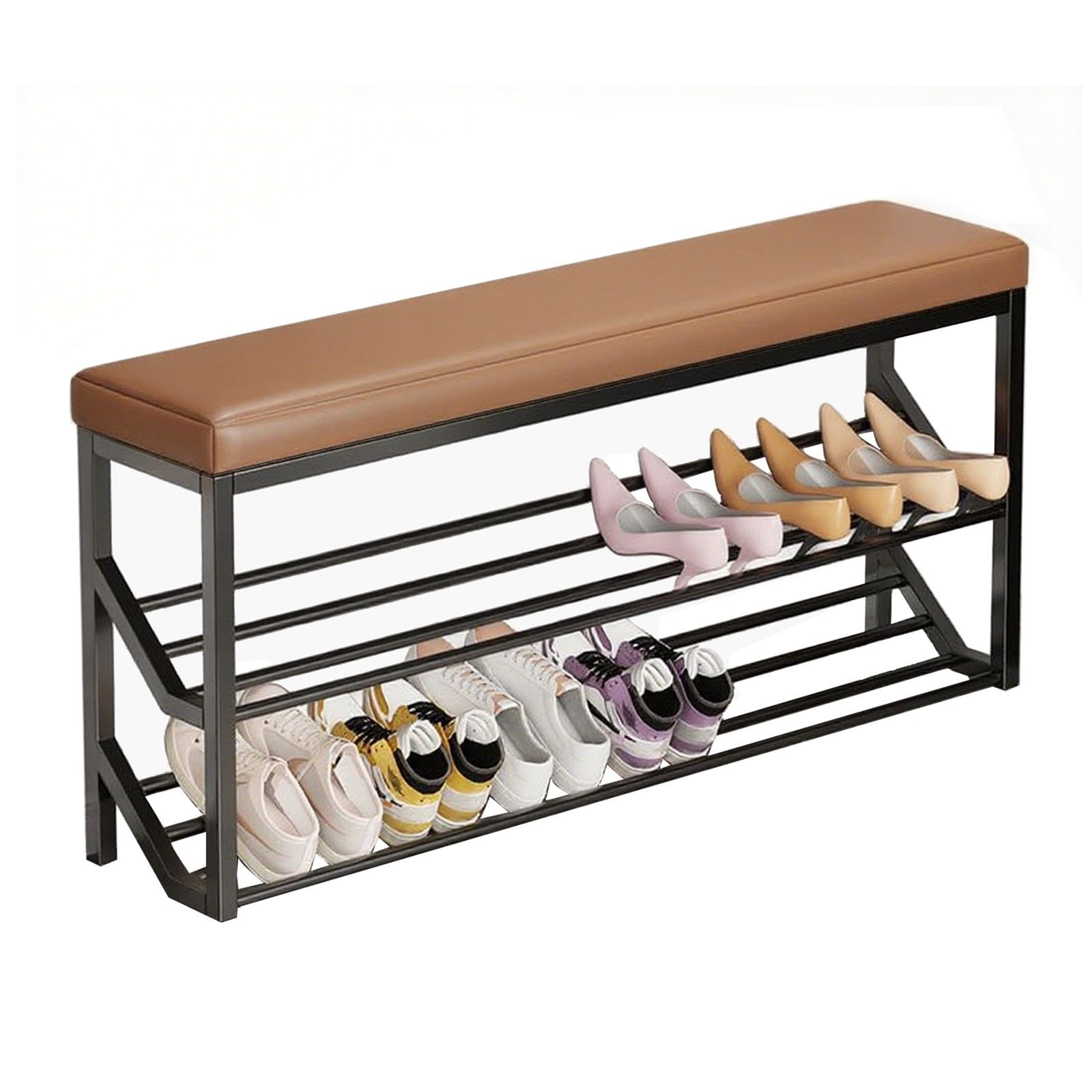 LWJSOCP Narrow Shoe Storage Stool with PU Leather Cushion 2-Tier Metal Rack Stylish Hallway nizer for Entrance & Living Room (ge & Black 120x20cm)