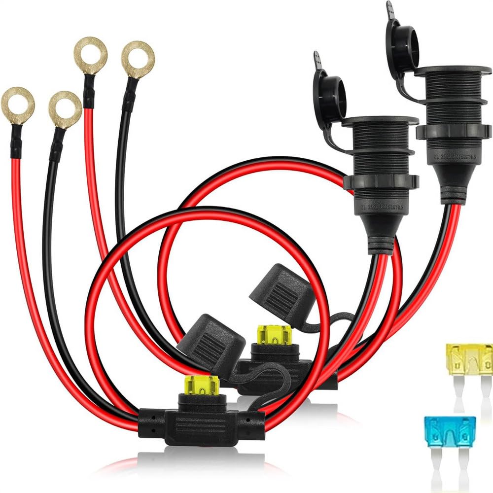 2Pack 14AWG 1.6ft/50cm 12V/24V Fixed Thread Cigarette Lighter Socket Extension Cable, Waterproof Outlet Socket Replacement Heavy Duty Cable