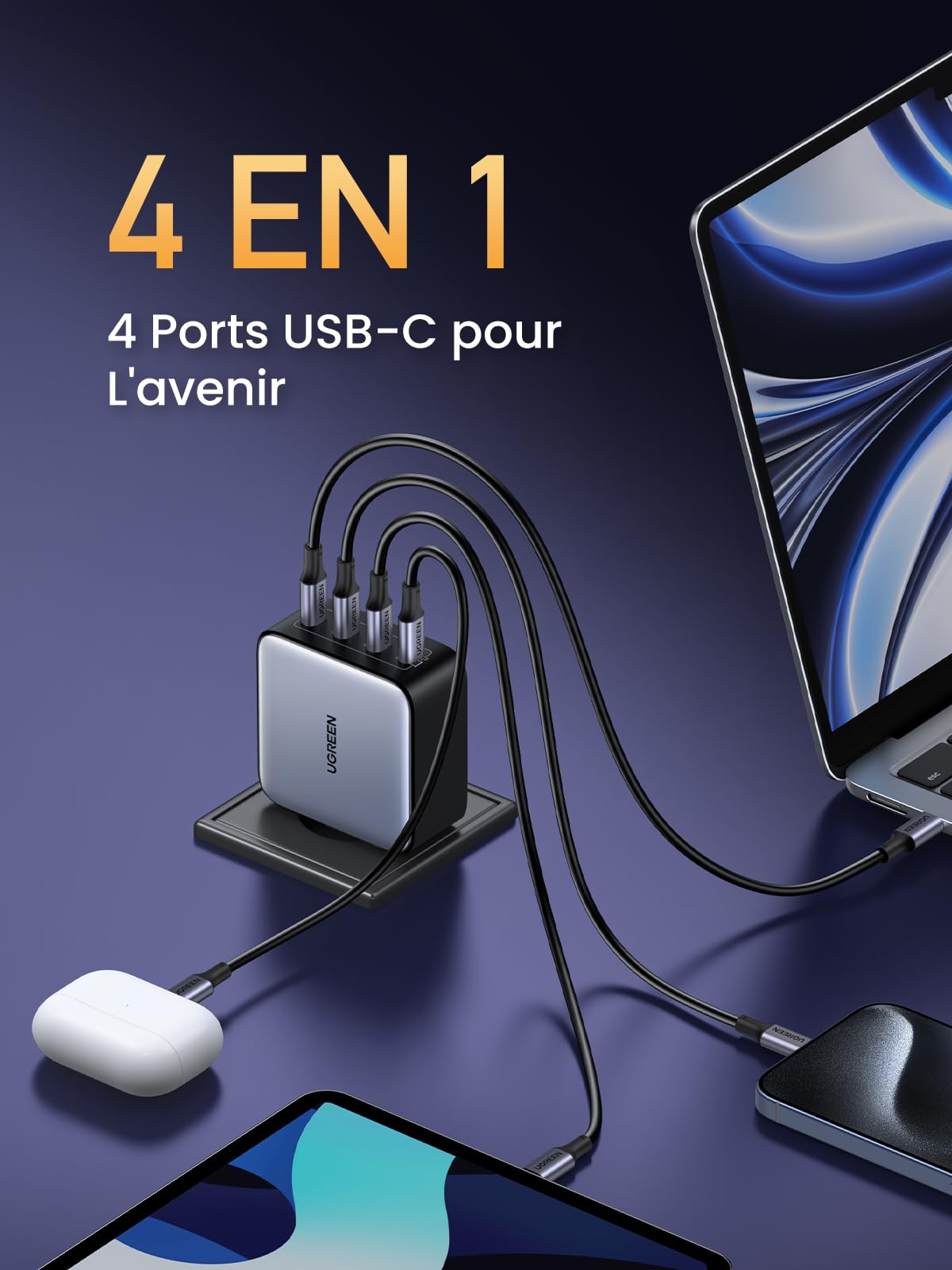 UGREEN Nexode 100W Prise Chargeur Quadruple USB C Charge Rapide GaNInfinity