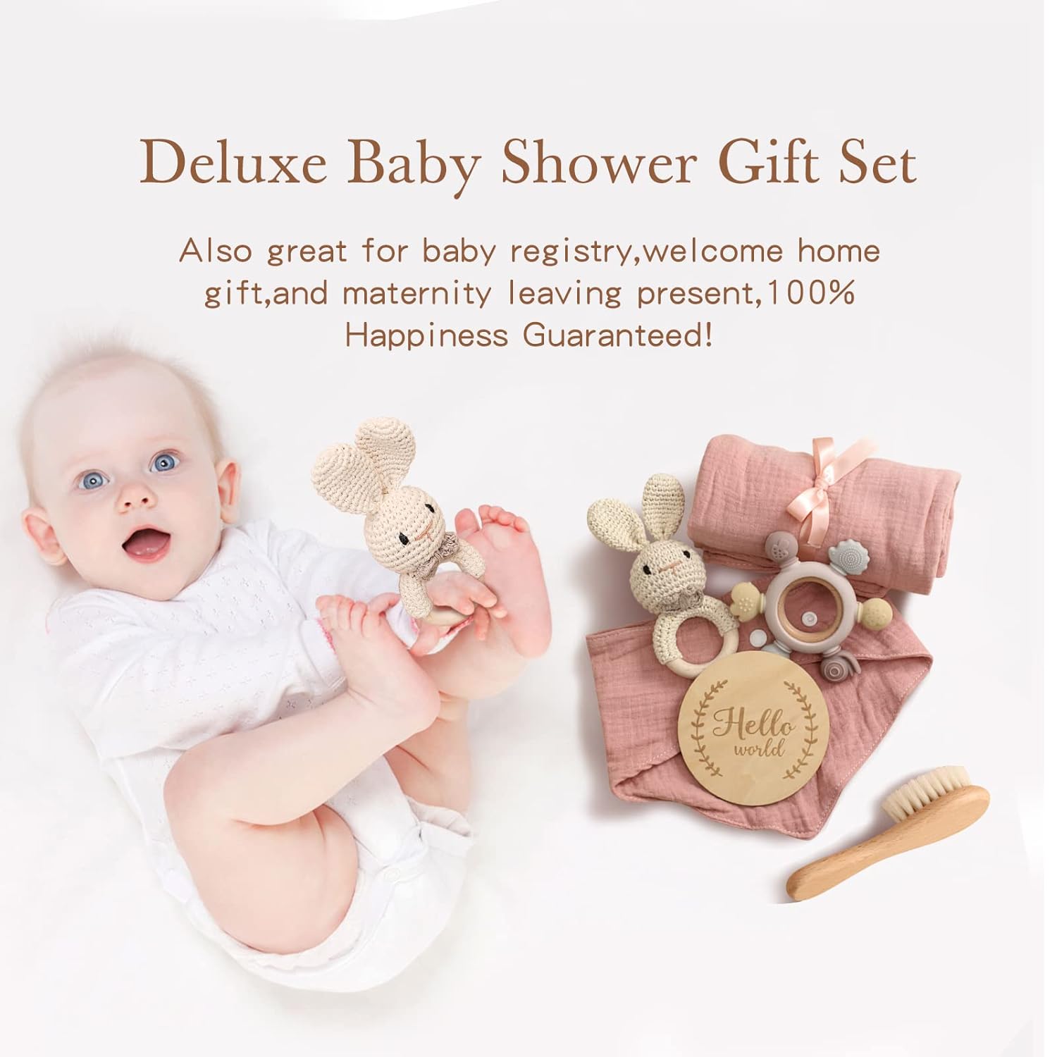 YOUUYS Baby Gift Set for Newborn - Baby Essential Bath Basket Easter Gift Set with Baby Blanket Baby Rattle Teether Toy & Hair Brush Newborn Shower Gift for Easter Day Baby Girls Boys 6PCS (Bunny)
