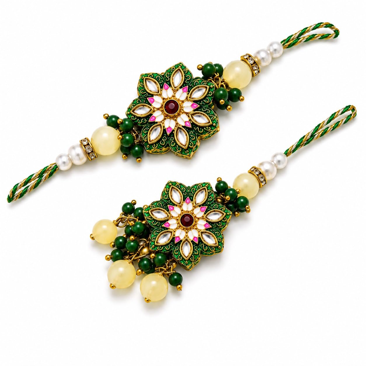 Green Floral Kundan Bhai Bhabhi Rakhi Set-image-22