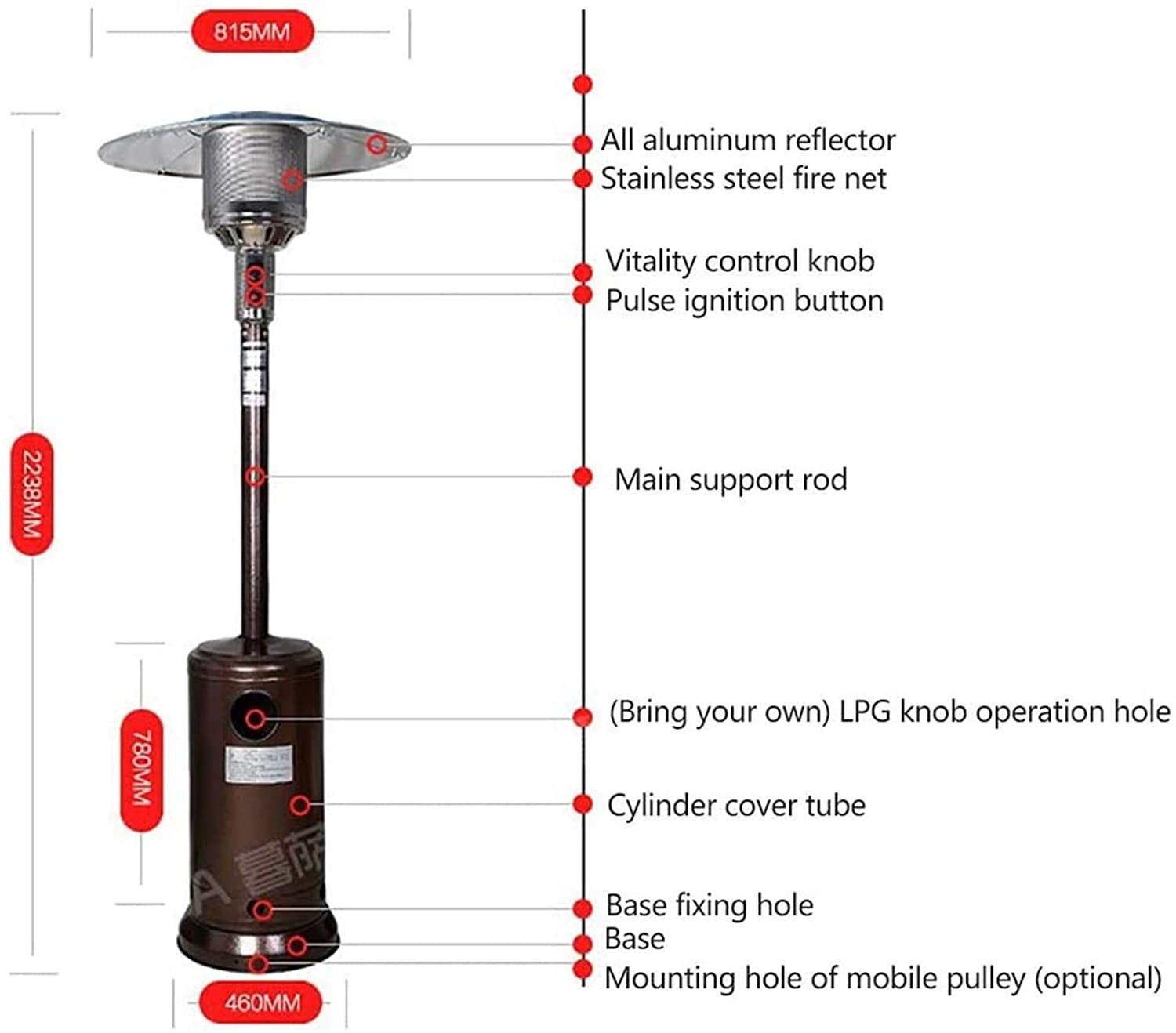 Riscaldatori da patio Riscaldatore da patio per esterni Lampada di calore portatile per esterni in acciaio inossidabile, riscaldatore indipendente regolabile Riscaldatori da giardino per patio (Colo