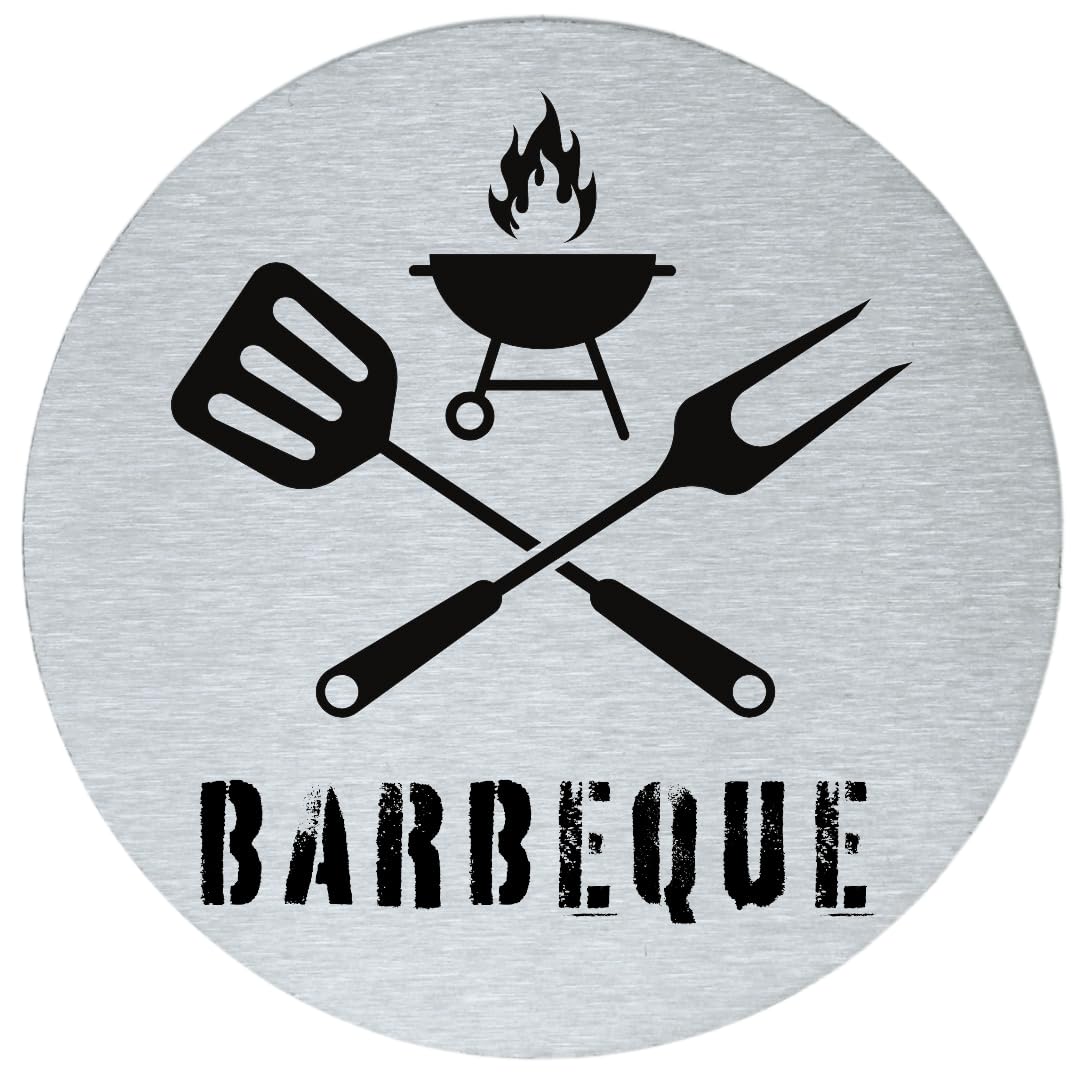 stahl-design-tebart Cartel pictograma redondo 7,5 cm acero inoxidable autoadhesivo 3M superficie adhesiva grabada aspecto elegante señalización duradera barbacoa barbacoa – 7,5 x 7,5 x 0,1 cm