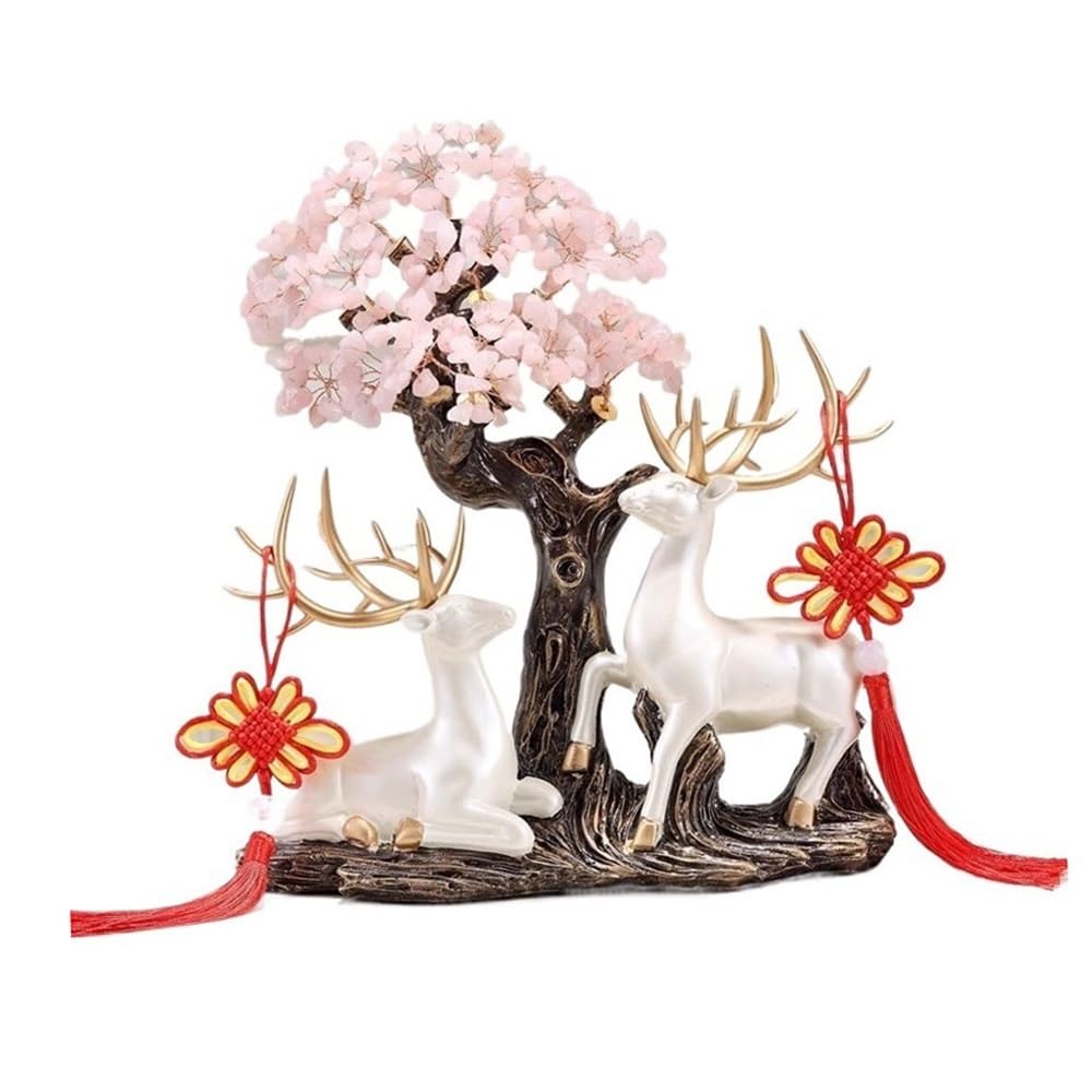 Fortune Crystal Trees Living Room Crystal Tree Decoration, Fortune Feng Shui with Deer Ornament Crafts(Pink)