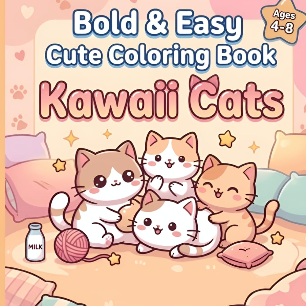 Bold & Easy Cute Coloring Book: Kawaii Cats for Kids Ages 4–8