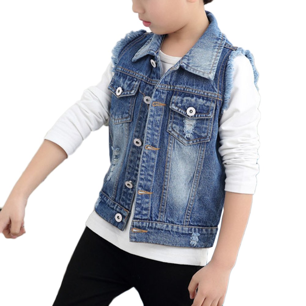 Boys Denim Gilets Sleeveless Jacket Vest Denim Waistcoat Distressed Jean Gilets Blazer Blue 150CM
