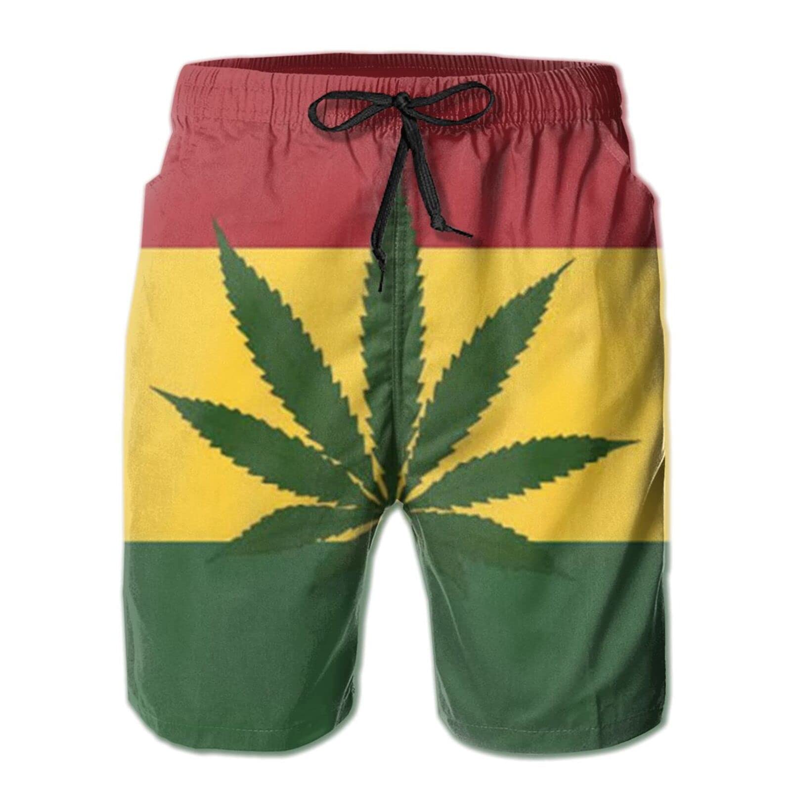 AOOEDM Swim Shorts Mens Weed Smoking Jamaican Flag Swim Trunks Beach Board Shorts Quick Dry Beachwear Sports Running Black