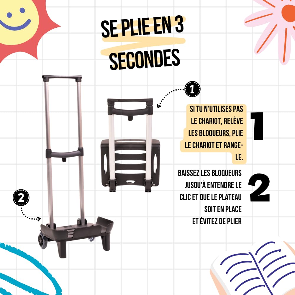 Devesa Chariot pour Sacs à Dos Scolaires – Léger, Pliable et Résistant, avec Base Protectrice et Grand Plateau, Roues Silencieuses et Design Ergonomique pour Éviter Le Mal de Dos - D203