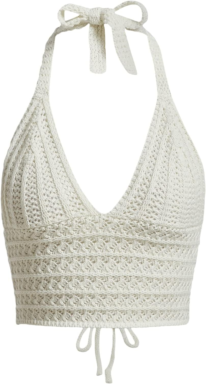 SOLY HUXWomens Y2K Crochet Crop Tops Knitted Halter Top Summer V Neck Sleeveless Camisole