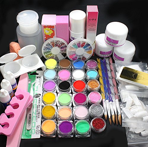 21 in 1 Full Acrylic Glitter 18 Color Powder Glue White French Nail Art 500 Tip Brush Kit Set #689