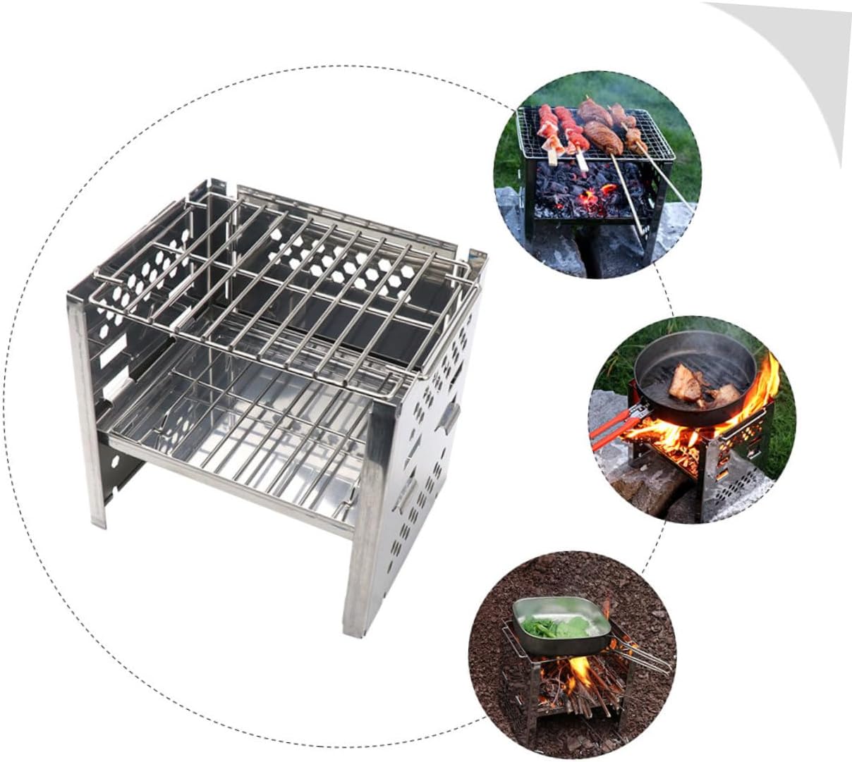 Stainless Steel Outdoor Barbecue Grill Portable Folding Camping Stove Adjustable Height Dual-layer Bbq Grill for Picnic Garden Cooking