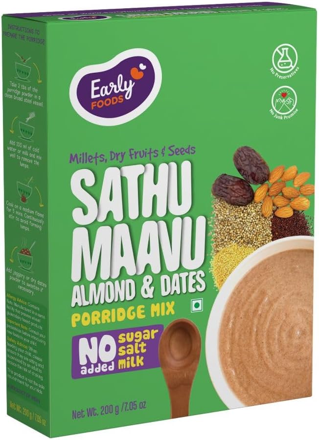 Early Foods - Sathu Maavu with Almonds & Dates | No added sugar, No Salt, No Milk Porridge Mix | 100% Natural Multigrain Millets & Ragi Cereal | 200g