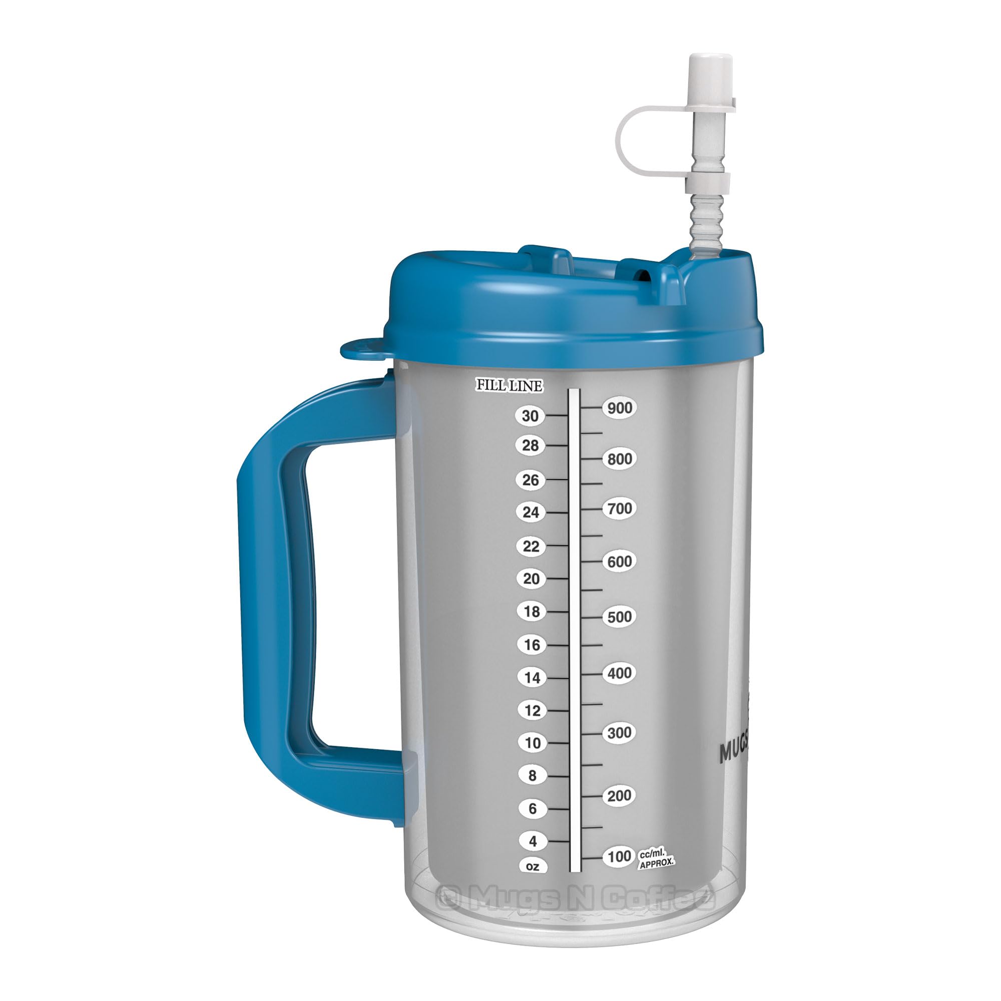 Mugs N Coffee Doppelwandige Krankenhaus-Tasse mit Strohhalm, Deckel und Griff, Perlblau