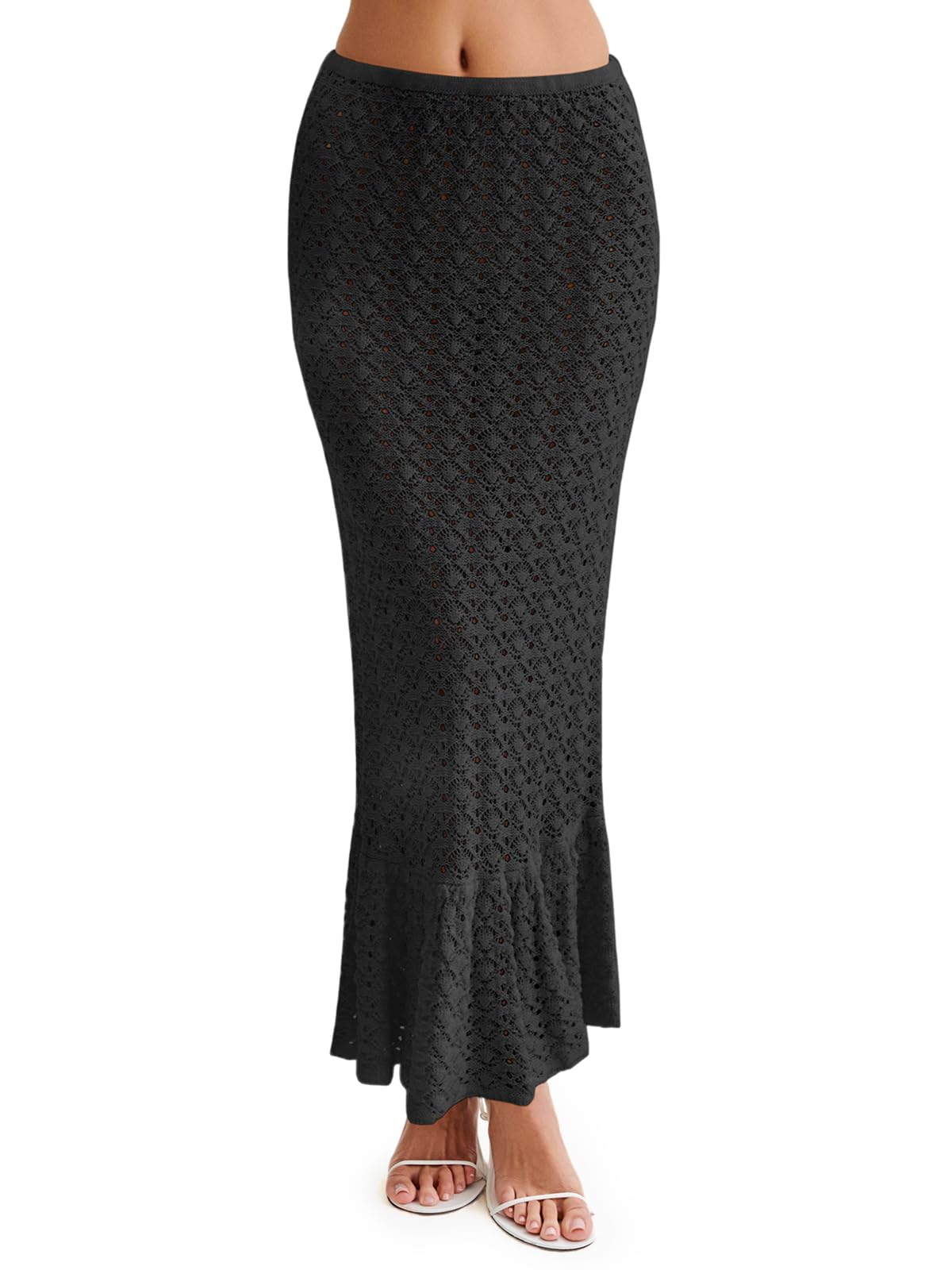 Saodimallsu Womens Crochet Cover Up Skirt High Waisted Sheer Knit Summer Swimsuit Coverup Beach Fishtail Maxi Skirts