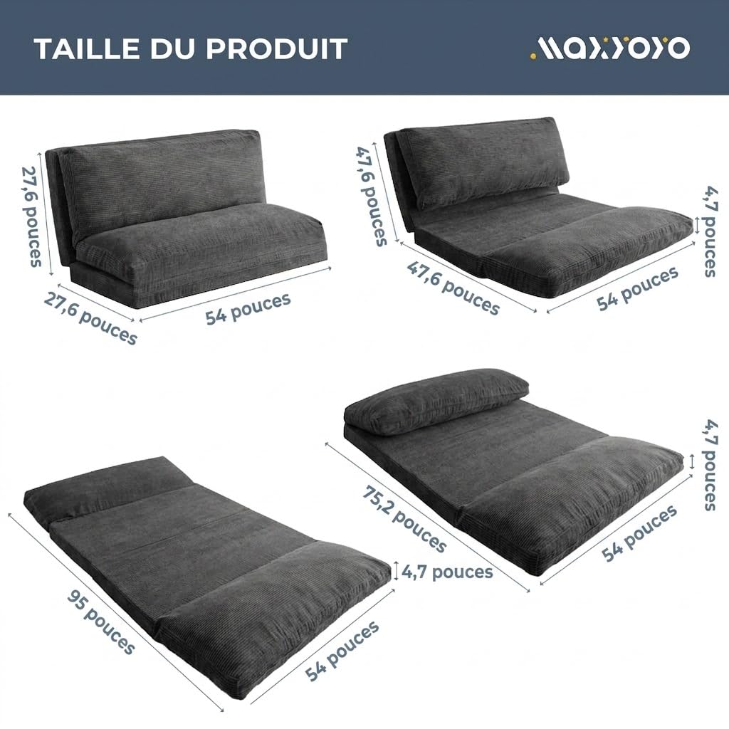 MAXYOYO Pouf pliable en velours côtelé avec rembourrage en mousse, extra épais, 4 couches, matelas/canapé de sol pour adultes, housse amovible et lavable en machine, anthracite, 135 x 240 cm