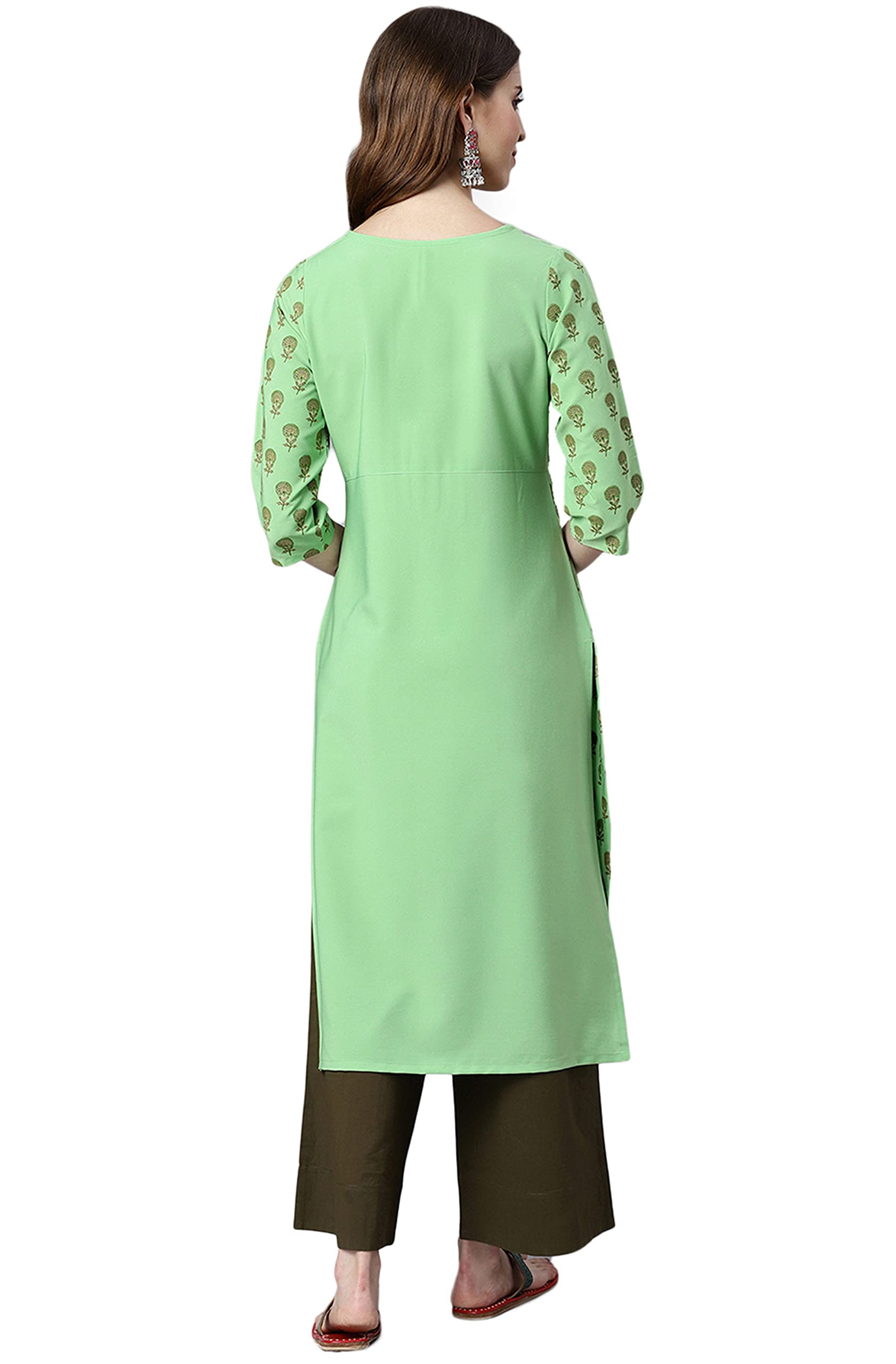 Janasya Women's Light Green Floral Print Poly Crepe Kurta - Bell Sleeves, Calf Length - View #8