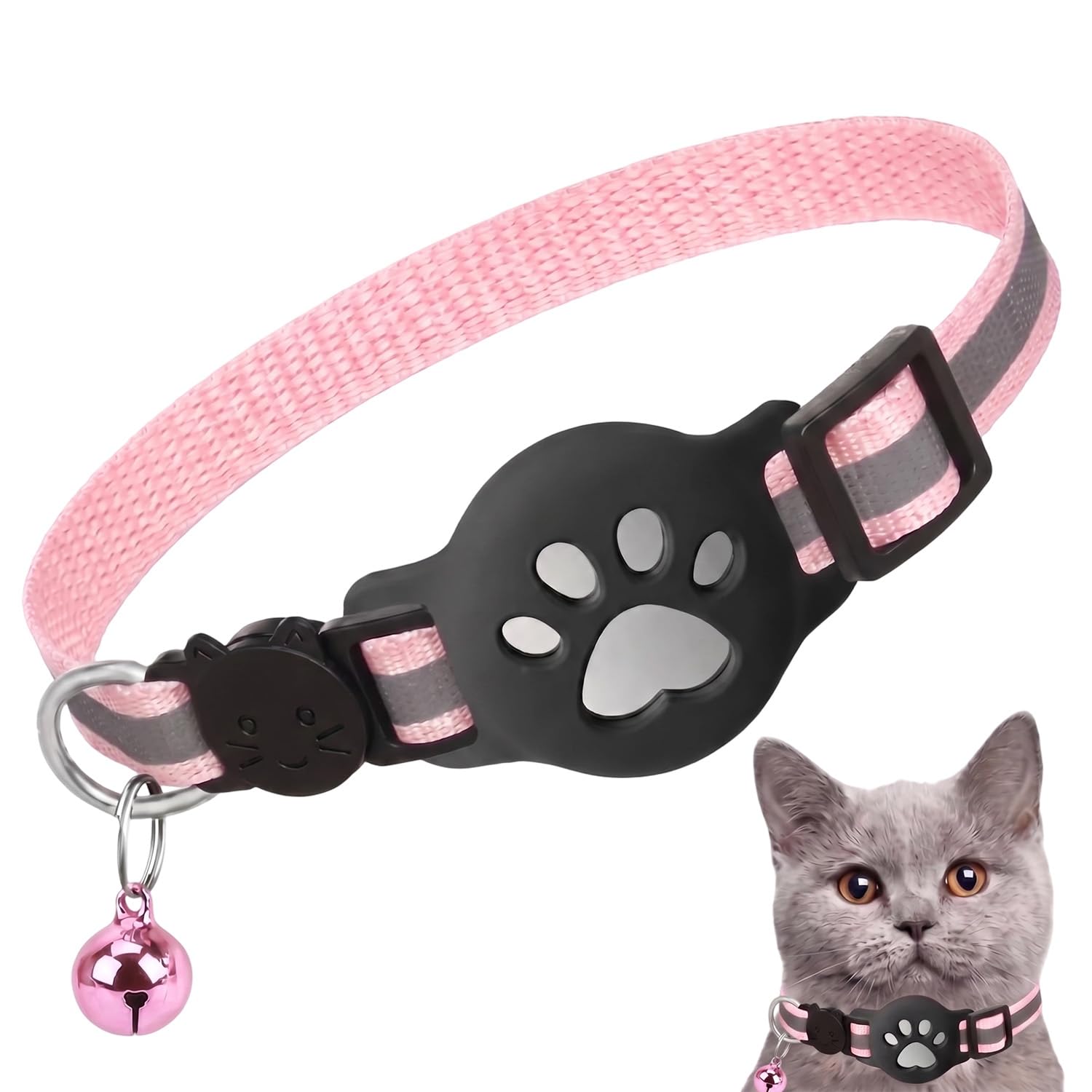 Collar Reflectante Para Mascotas Con Ranura Para Airtag, Diseño Antideslizante Y Seguro, Compatible Con Gps Airtag, Collar Ajustable Para Gatos Y Perros, Color Rosa, Para Paseos Y Viajes