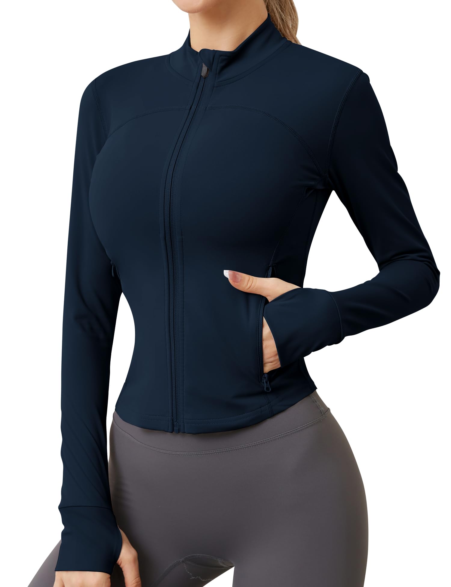 IECCP Damen Sportjacke Laufjacke Langarm Gym Tops Yoga Fitness Sport Oberteile Zwei Reißverschlusstaschen Leicht Trainingsjacke mit Daumenloch