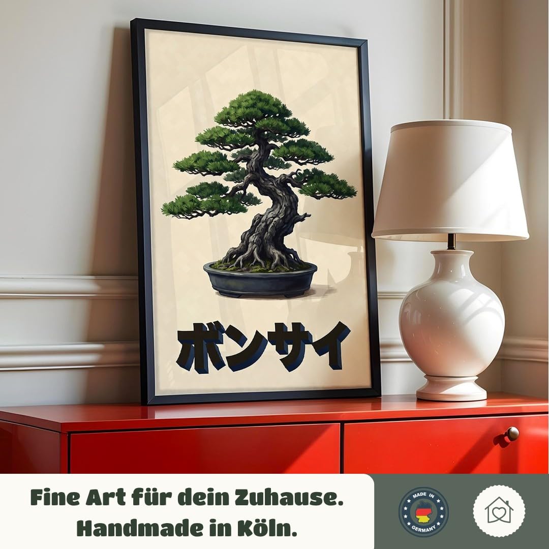 MJ-GRAPHICS® Poster Bonsai Kunstdruck asiatisch Wandbild Zen Garten Deko Wohnzimmer Wanddeko Vintage Stil grün beige Schlafzimmer Bilder Meditationsraum 50x70 mit beigem Rahmen
