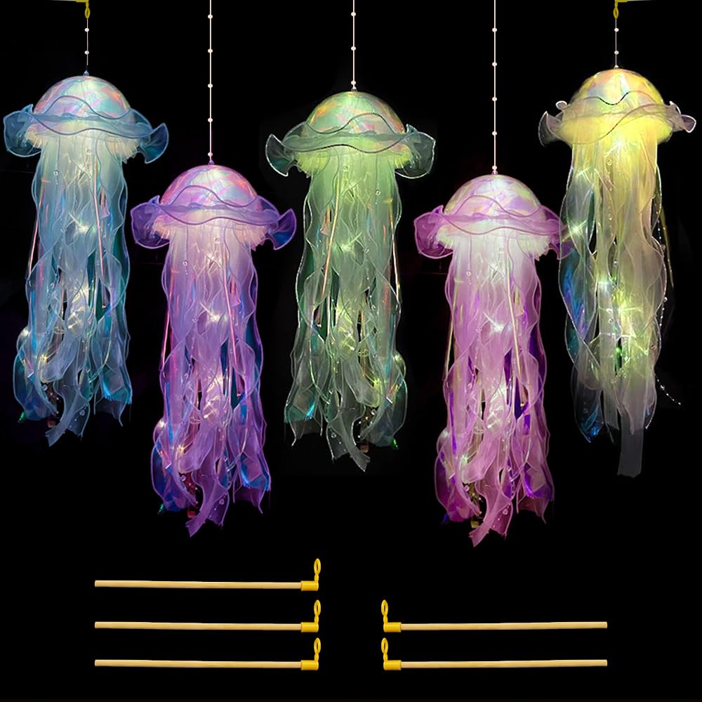 SGZIOO Jellyfish Light, 5 PCS Hanging Jellyfish Lamp, Creative Glowing Jellyfish Lanterns, Battery-Powered LED Jelly Fish Light Lamp, Mermaid Jellyfish Night Light for Ocean Theme Party, Baby Kids Gif