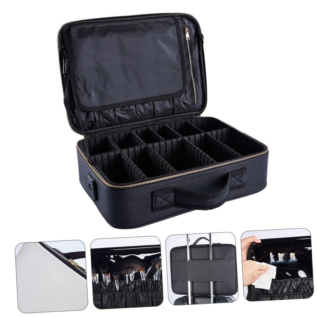 Healeved Astuccio da Viaggio per Trucco Oxford Nero Manico, Design a Griglie, Custodia Cosmetica Portatile Facile da Trasportare e Protettiva per Organizzare i Prodotti Make Up