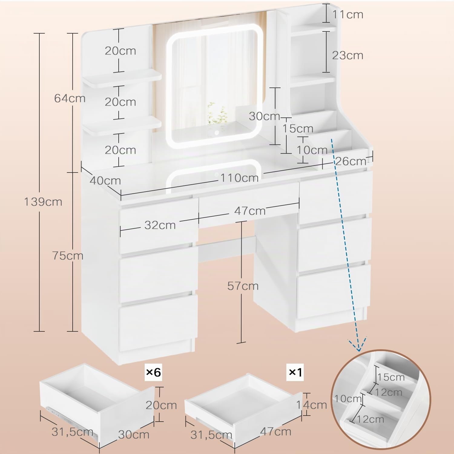Devoko Toeletta da Trucco con 7 Cassetti, Postazione Trucco con Specchio a LED, Luminosità Regolabile,Tavolo da Toeletta con 4 Ripiani Aperti,per la Camera da Letto, Bianco