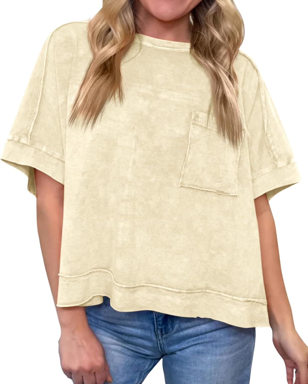 Cicy Bell Womens Summer Cropped T-Shirts Boxy Casual Short Sleeve Crew Neck Tops Acid Wash Cotton Loose Fit Tee Shirts Light Khaki