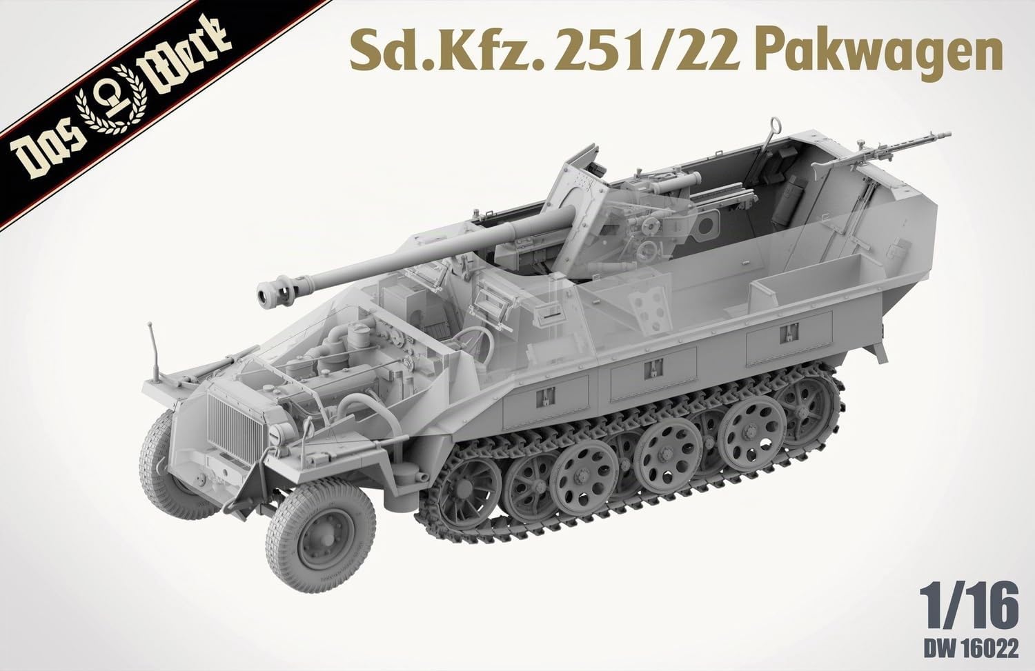 Das Werk DW16022 Sd.Kfz. 251/22 AUSF. D Pakwagen - 1:16 Modellbausatz - Halbkettenfahrzeug mit Inneneinrichtung & Motor - Ungebaut